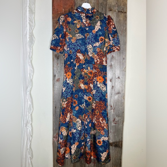 Julia Jordan Navy Fall Floral Puff Sleeve Midi Dress Tie Neck size 2 - Picture 8 of 14